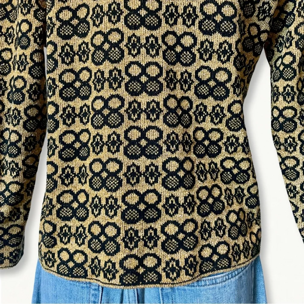 Vintage 60s 70s Gold and Black Metallic Lurex Collared Cardigan Sweater - Picture 7 of 10